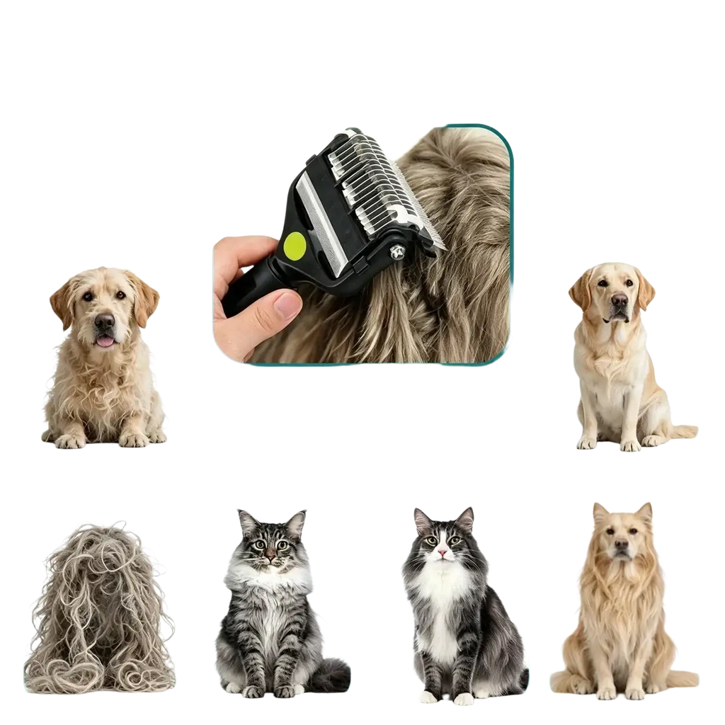 Black and silver stainless steel pet grooming tool dual-blade clipper with green button for efficient deshedding