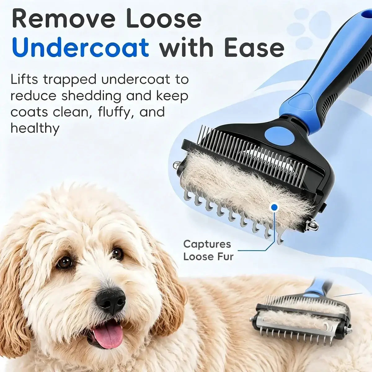 Blue and black stainless steel pet grooming tool 3-in-1 deshedding brush for removing loose undercoat fur from dogs
