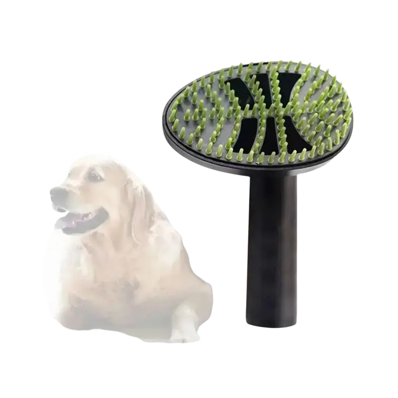 Black and green pet grooming vacuum cleaner attachment with circular bristle head for pet hair removal