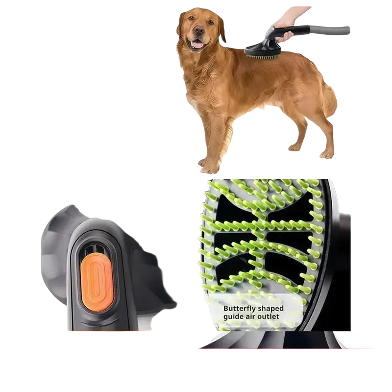 Black and orange pet grooming vacuum attachment and hair brush kit with green bristles for pet hair removal