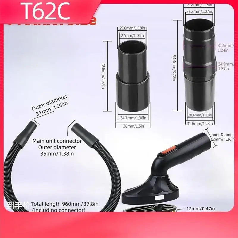 Black t62c pet grooming vacuum cleaner attachment set with flexible hose and nozzles for pet hair removal