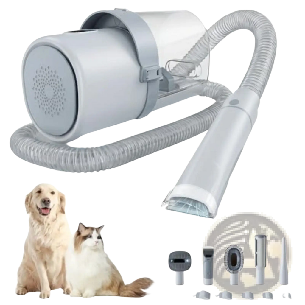 Gray plastic pet grooming vacuum clipper kit with flexible hose and multiple attachments for efficient drying