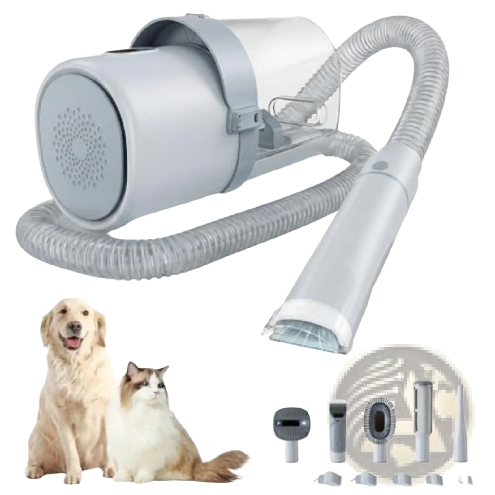 Gray plastic pet grooming vacuum clipper kit with flexible hose and multiple attachments for efficient drying