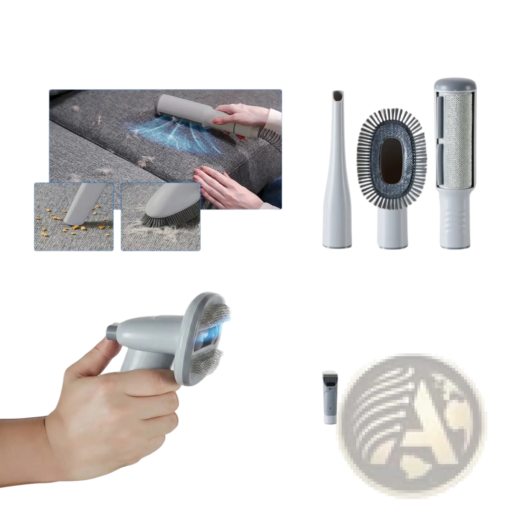 Gray handheld pet grooming vacuum clipper with brush head and blue light for pet hair removal 2.5l kit