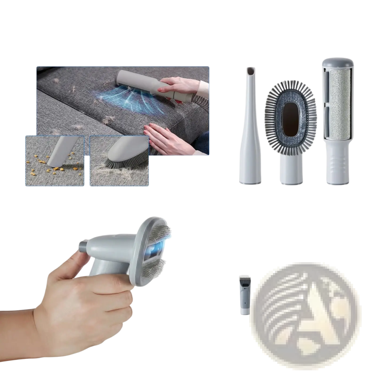 Gray handheld pet grooming vacuum clipper with brush head and blue light for pet hair removal 2.5l kit