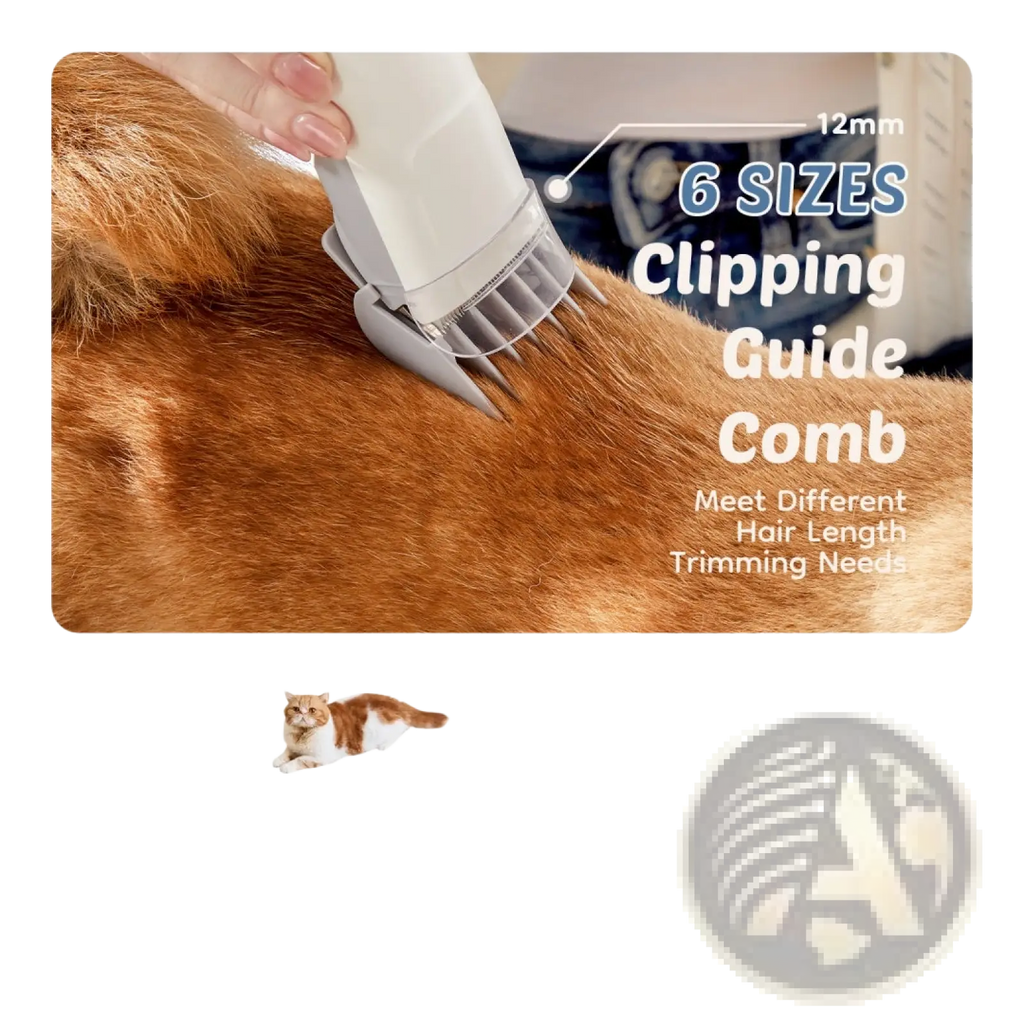 White electric pet grooming vacuum clipper with 12mm guide comb attached shown clipping orange fur