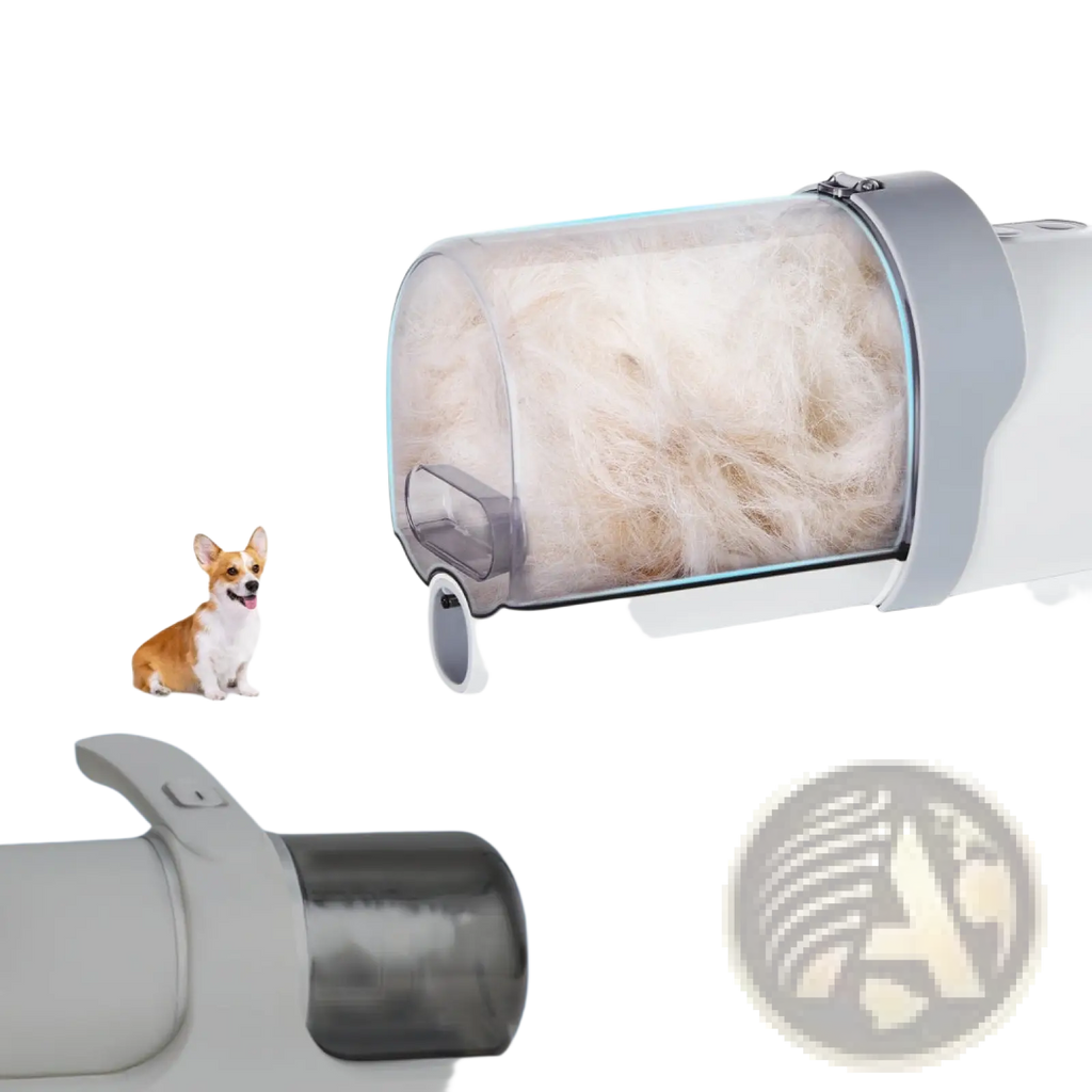 White and gray pet grooming vacuum clippers with a transparent 2.5l dust cup filled with collected fur in kit form