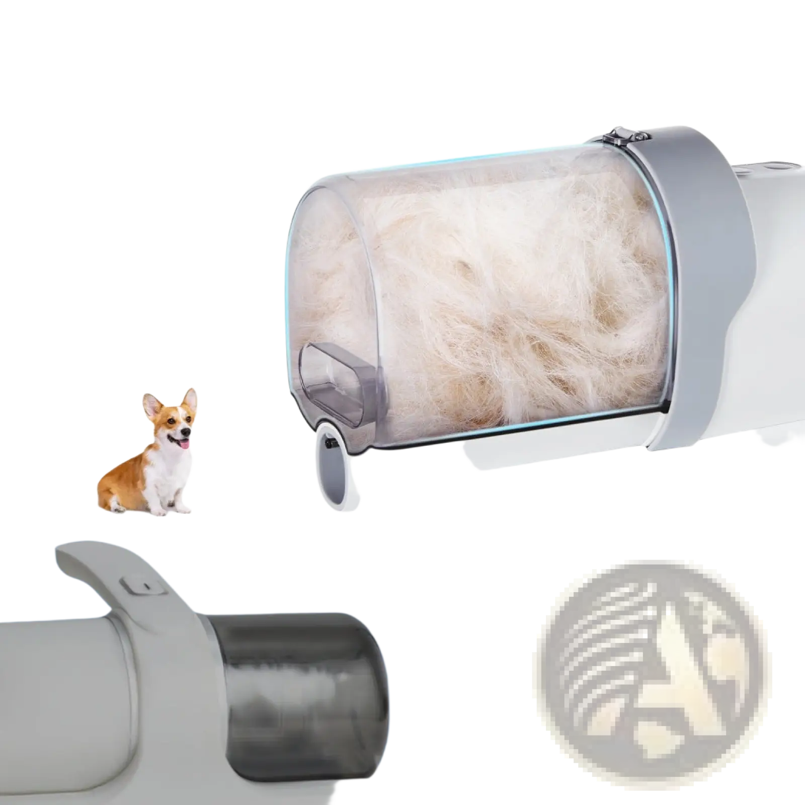 White and gray pet grooming vacuum clippers with a transparent 2.5l dust cup filled with collected fur in kit form
