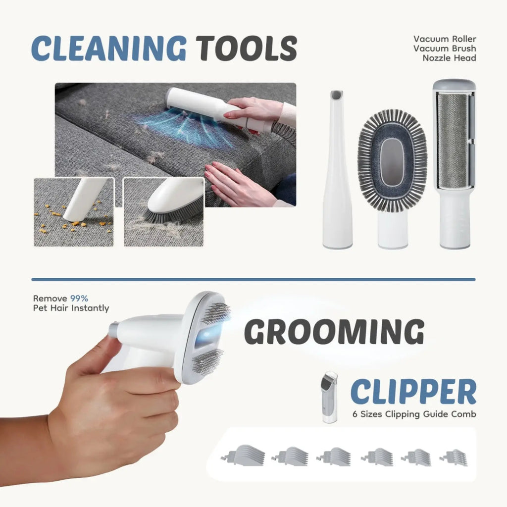 White handheld pet grooming vacuum clipper with brush head and blue light for efficient pet hair removal