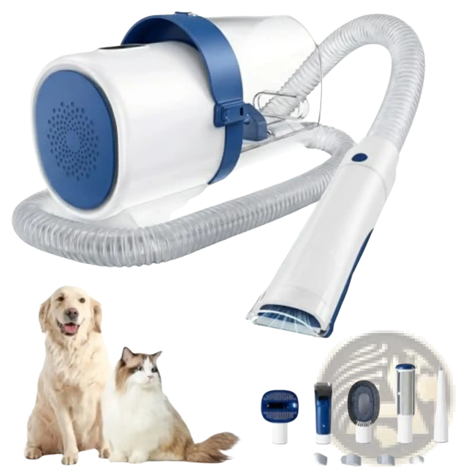 White and blue pet grooming vacuum clippers 2.5l kit with flexible hose and multiple attachments for pet hair drying