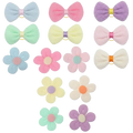 Pastel-colored pet hair bows with elastic attachment in mixed pastel colors featuring bow and flower shapes