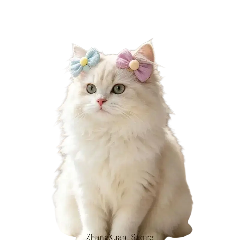 Fluffy white cat wearing pet hair bows with elastic attachment in mixed pastel colors blue and pink on its ears