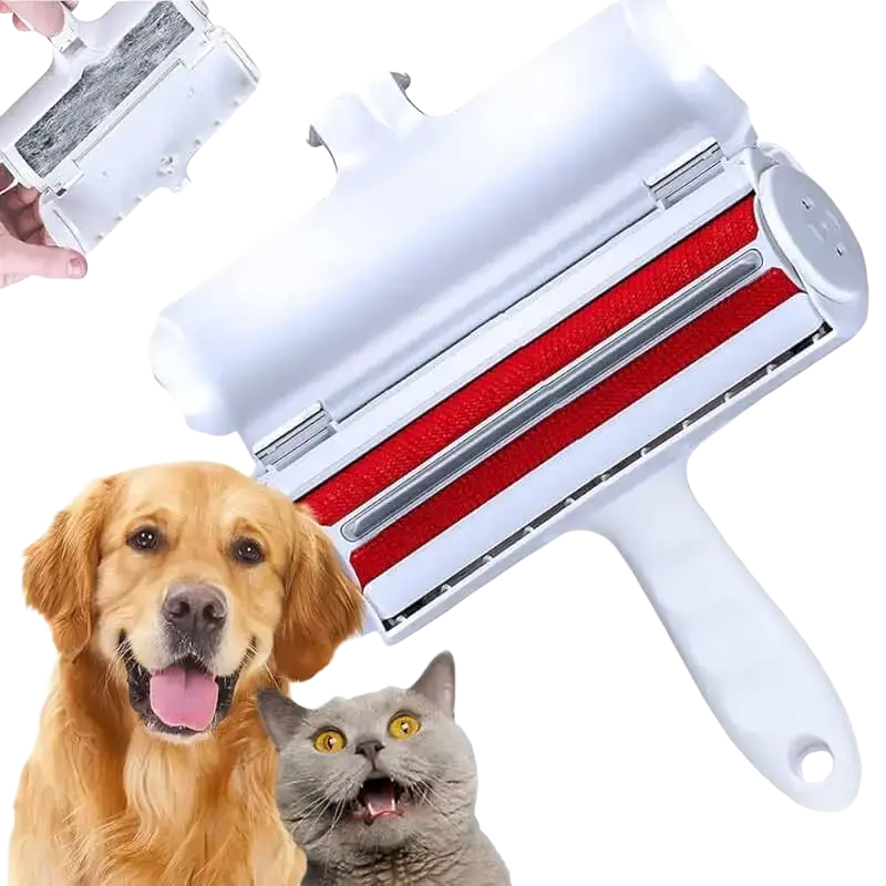 White pet hair remover roller with red and silver strips designed for furniture and carpet cleaning