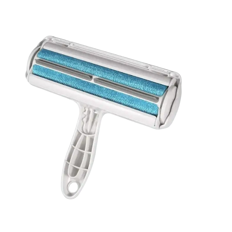 White plastic pet hair remover roller with two blue textured strips for furniture and carpets cleaning