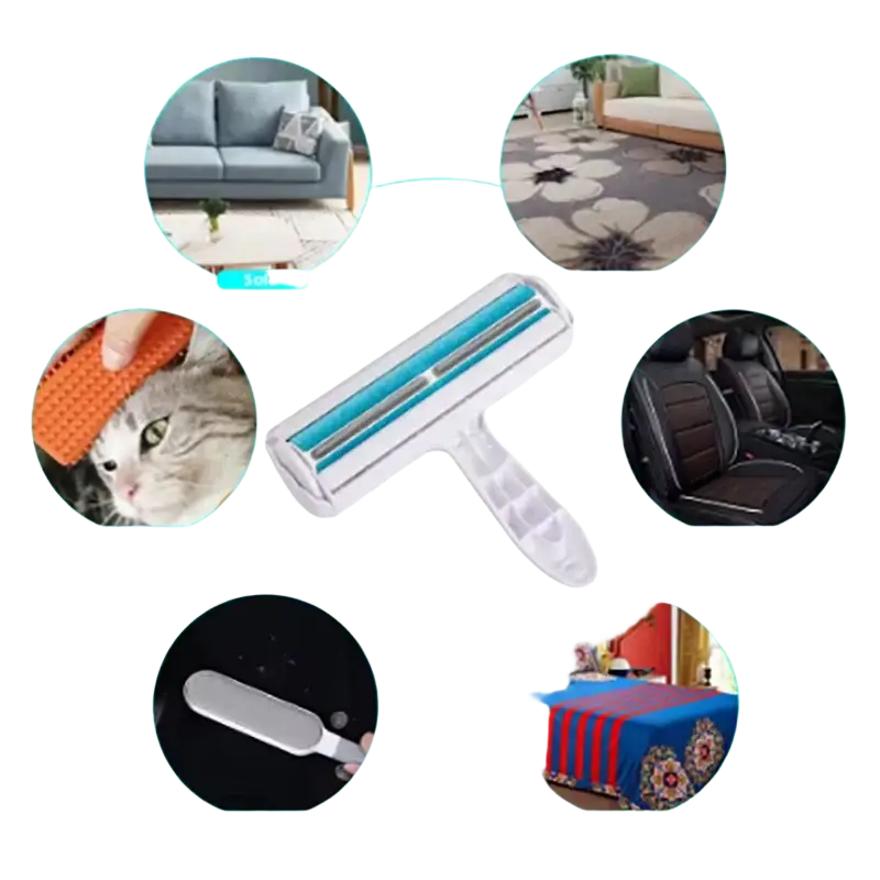 White plastic pet hair remover roller with blue adhesive rollers for furniture and carpets cleaning