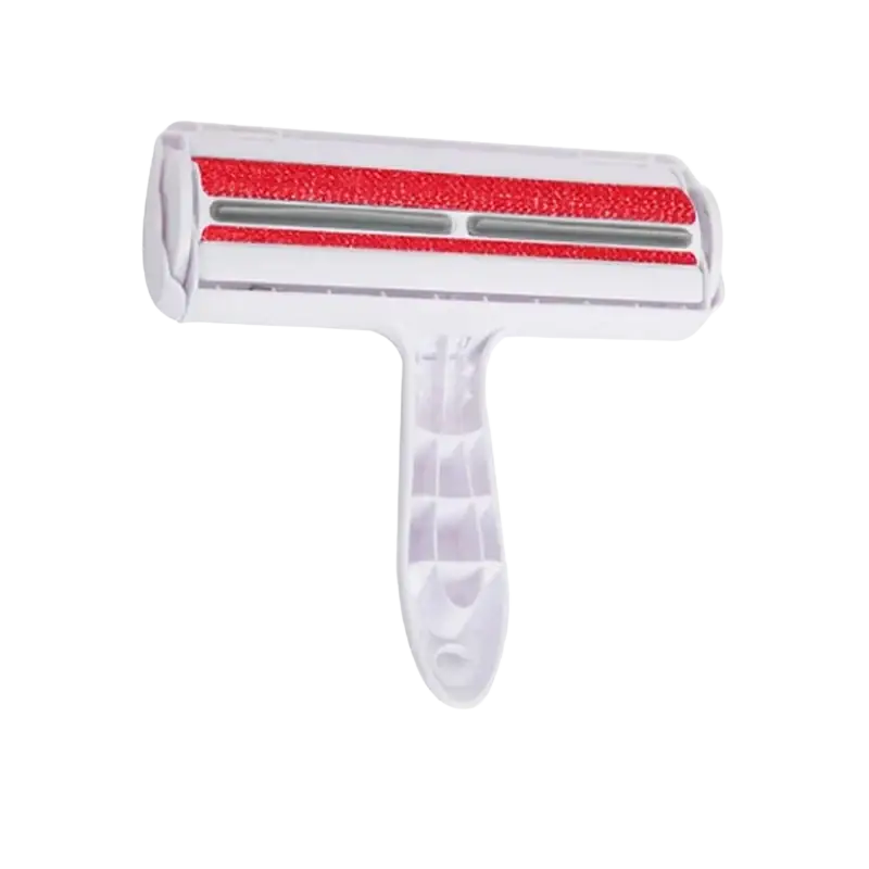White plastic pet hair remover roller with red textured strips for furniture and carpets