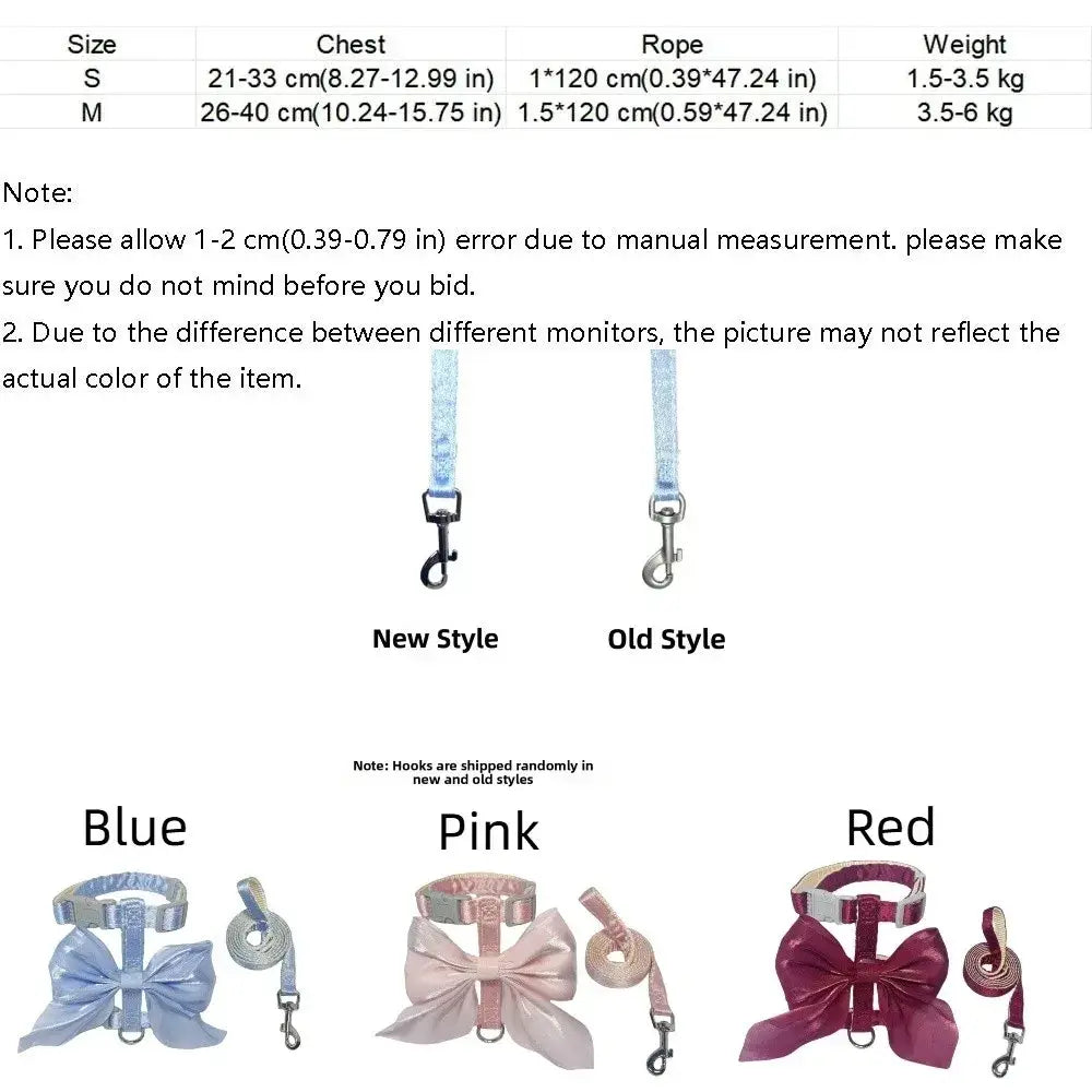Pet harness breathable bow and leash set in blue pink and red satin with new and old style hooks