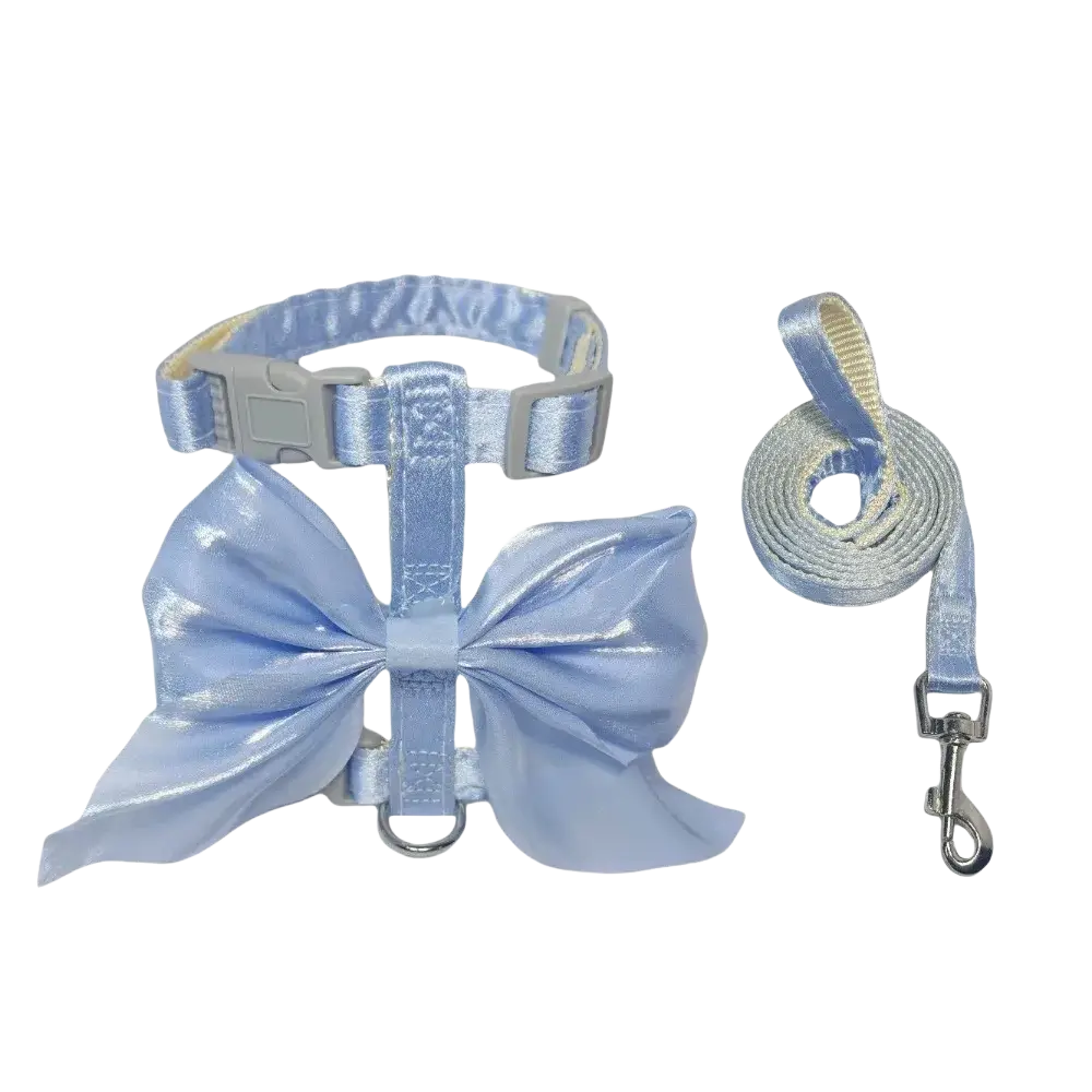 Light blue shimmering breathable pet harness with bow and matching leash set for comfortable daily use
