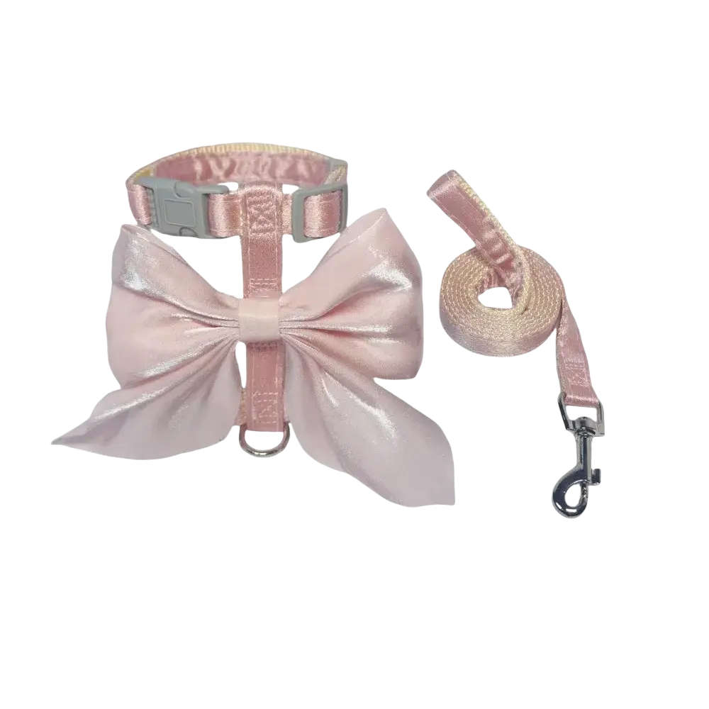 Pink satin pet harness with a large shiny bow and matching leash breathable and stylish for dogs