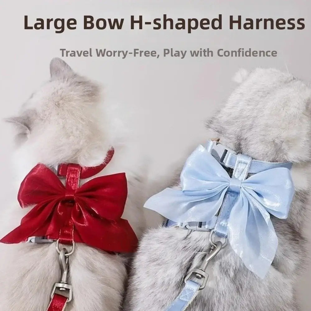 Red and light blue breathable pet harness set featuring h-shaped design with large decorative bows and leash