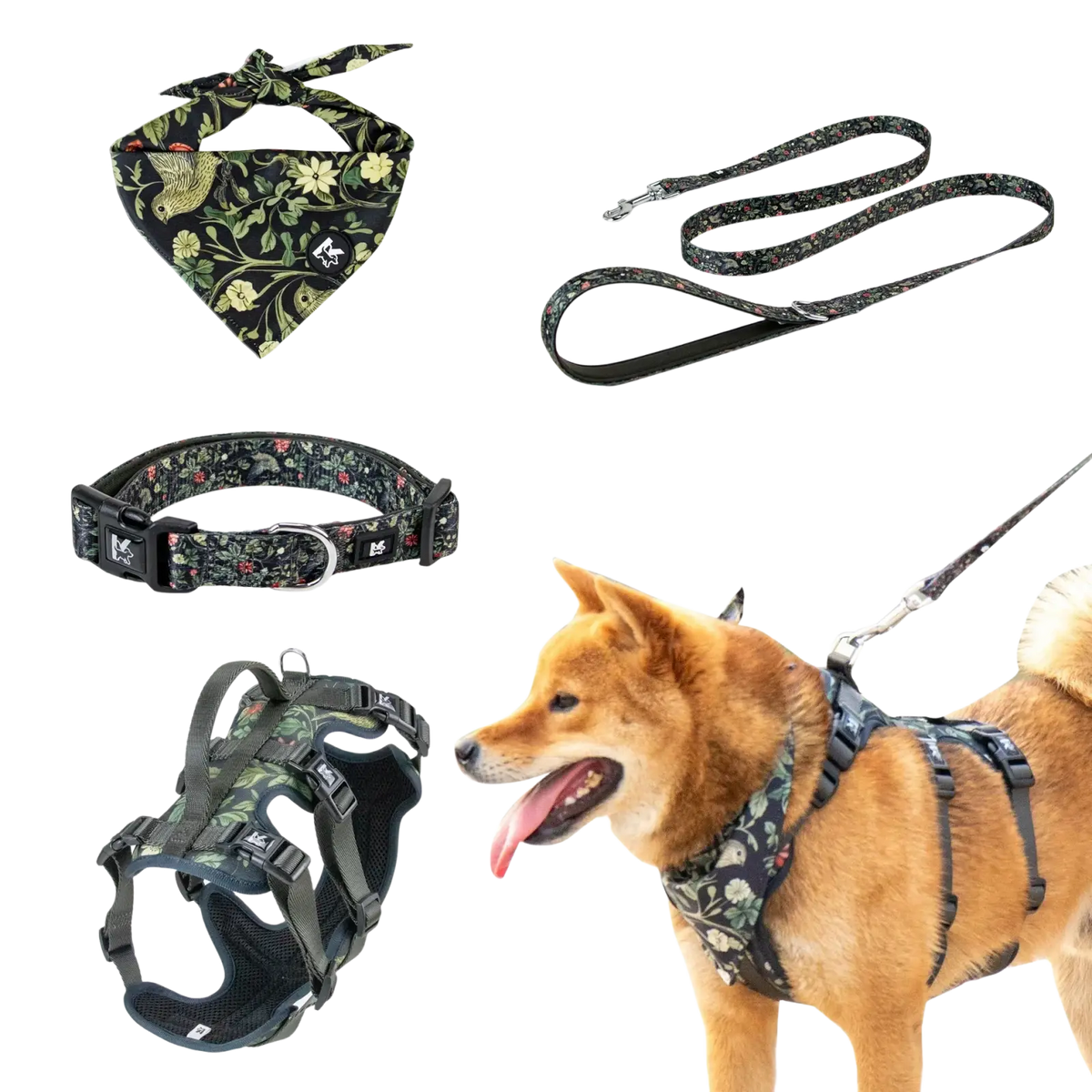 Black floral-patterned pet harness with adjustable straps mesh padding for comfort and neck circumference fit