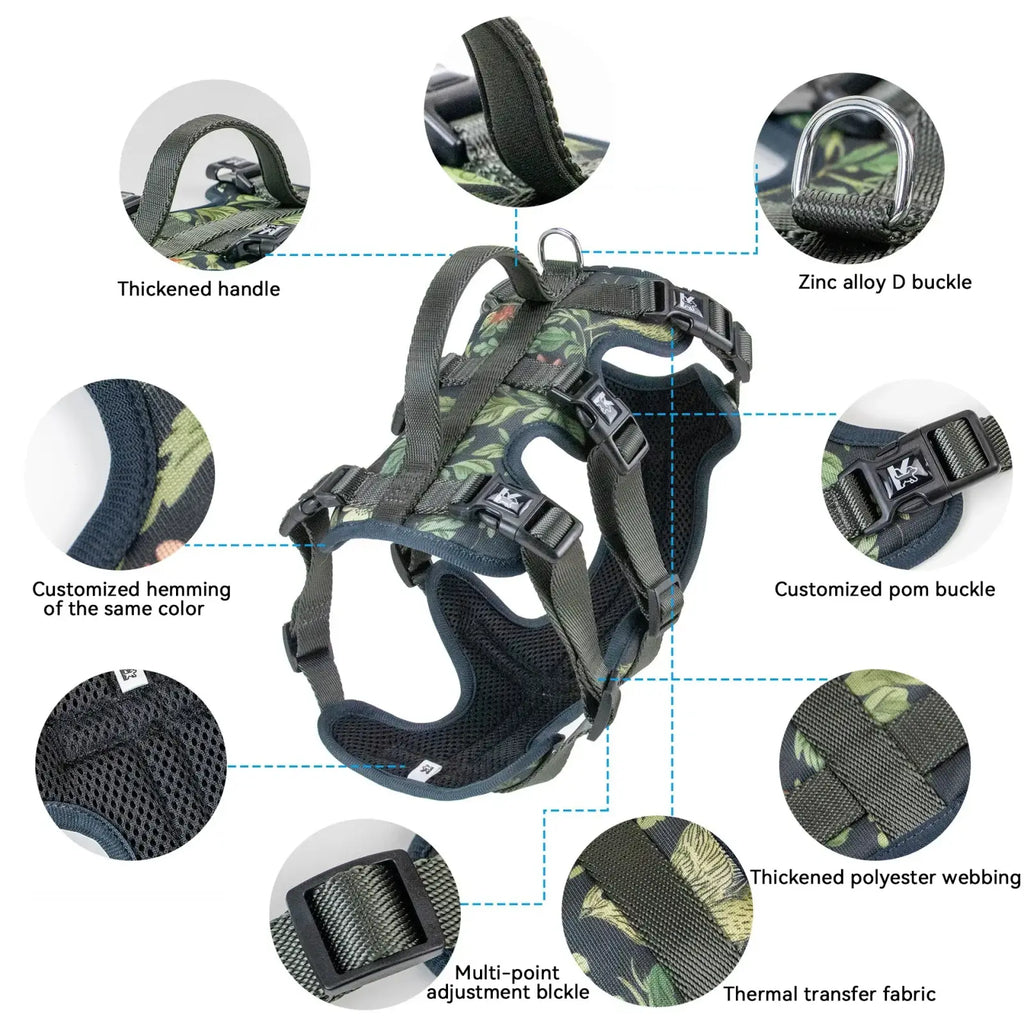 Green and black camouflage pet harness set with adjustable neck circumference collar leash and reinforced metal hardware