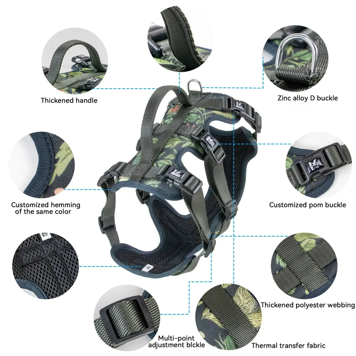Green and black camouflage pet harness set with adjustable neck circumference collar leash and reinforced metal hardware