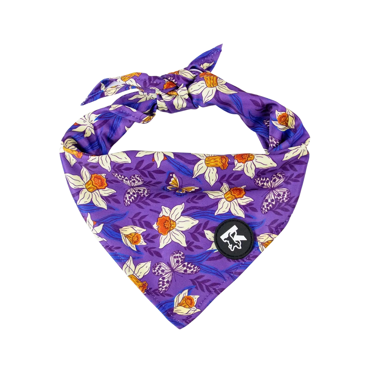 Adjustable purple pet collar and leash set with satin fabric featuring white daffodils and purple butterflies for neck circumference