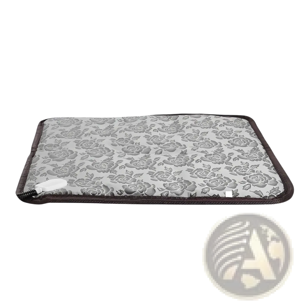 Gray floral-patterned waterproof electric pet heating pad with dark brown border and zipper closure