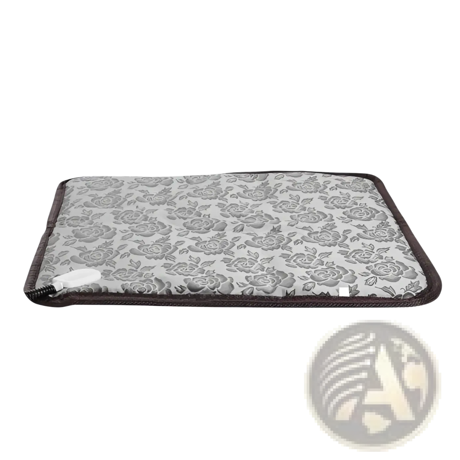 Gray floral-patterned waterproof electric pet heating pad with dark brown border and zipper closure