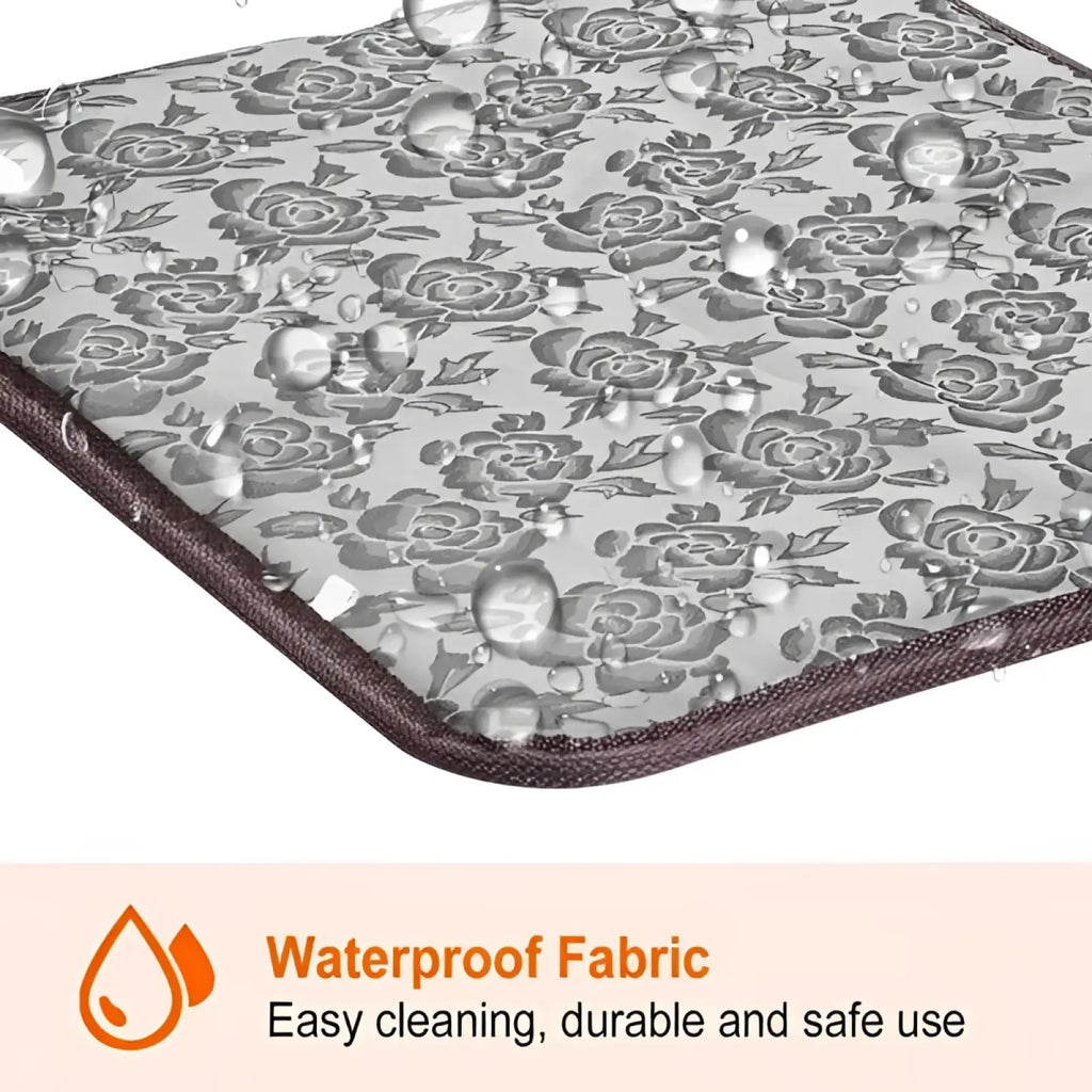 Gray floral-patterned waterproof pet heating pad made of fabric with brown stitched edges for electric use