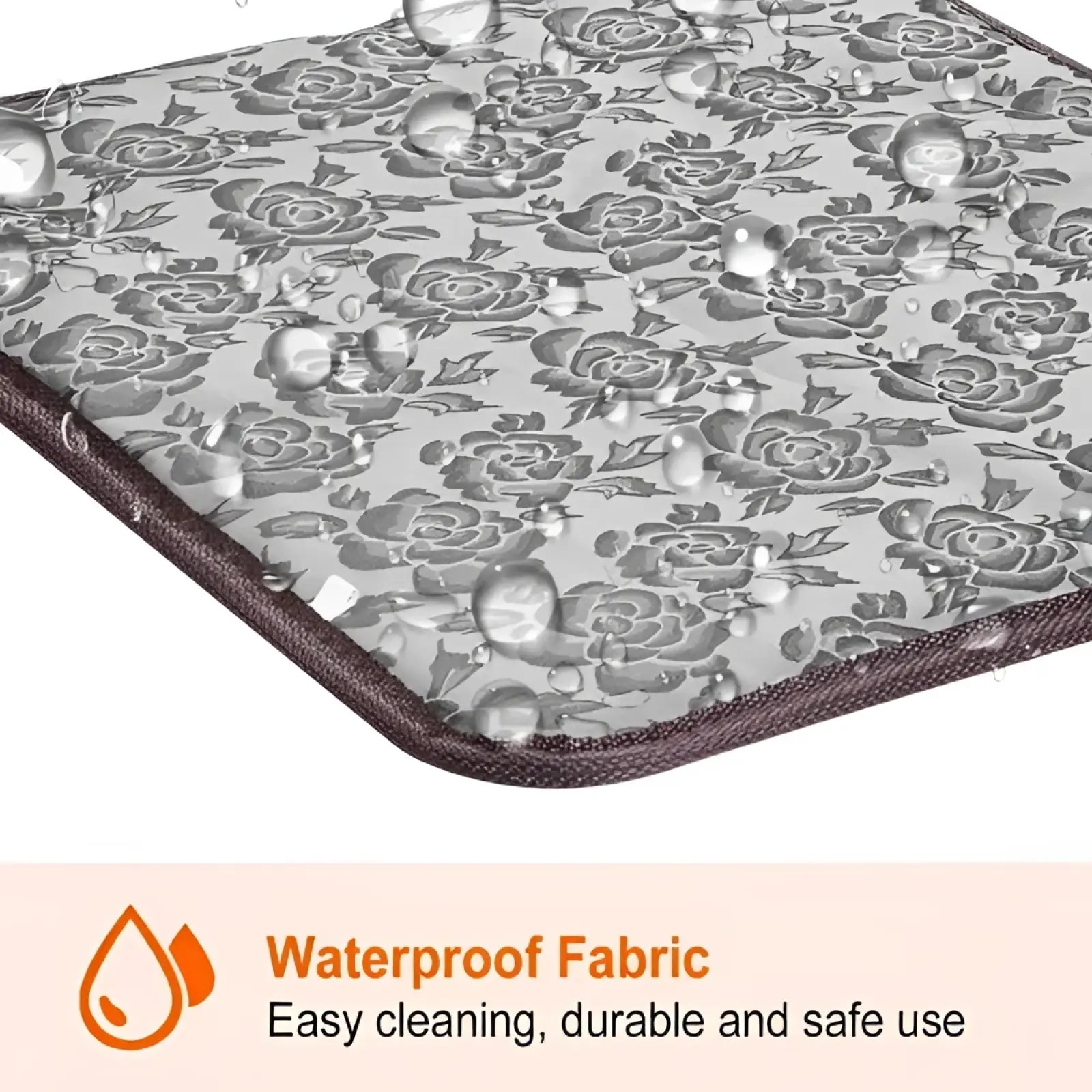 Gray floral-patterned waterproof pet heating pad made of fabric with brown stitched edges for electric use