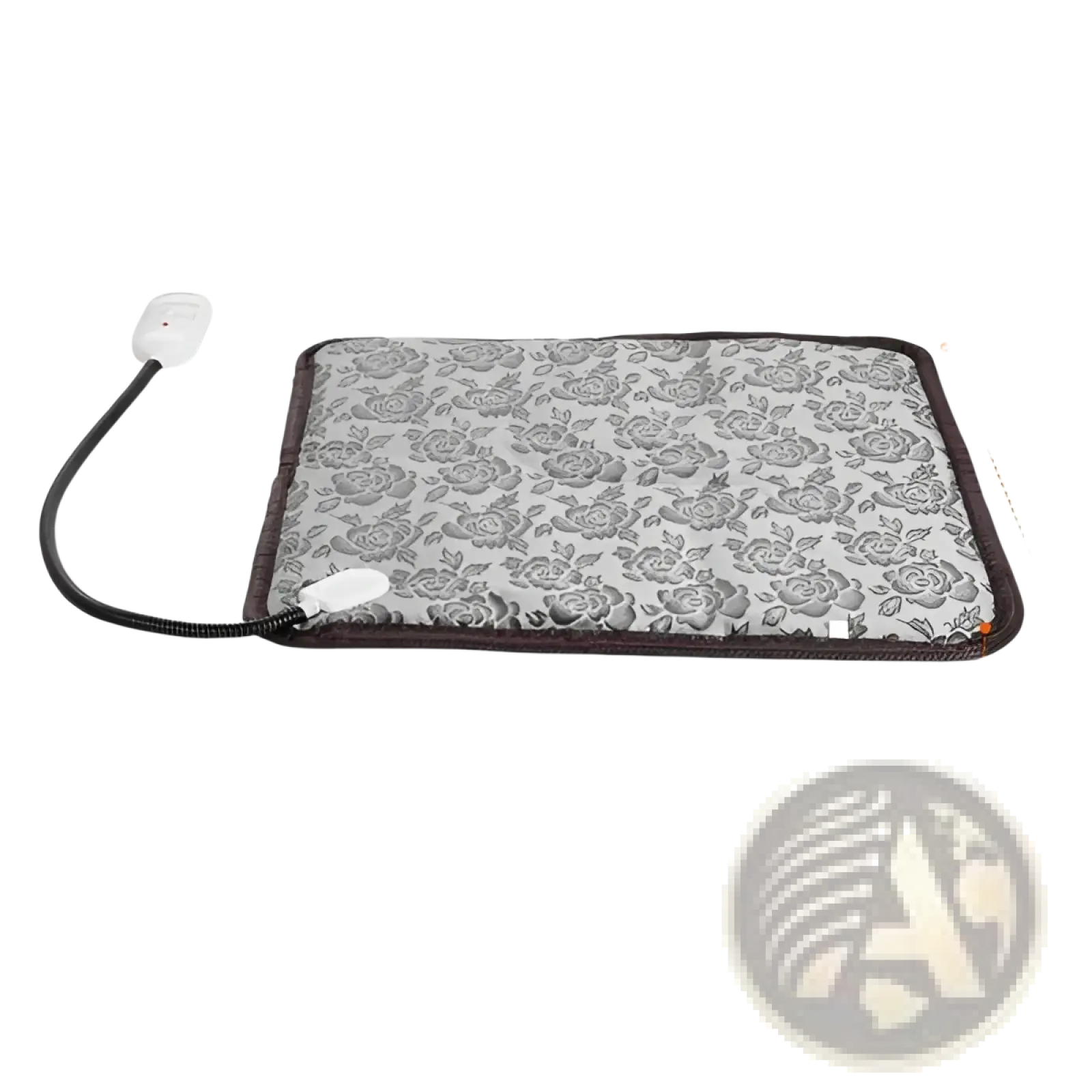 Gray floral-patterned pet heating pad with waterproof electric mat, black border, and white power control unit