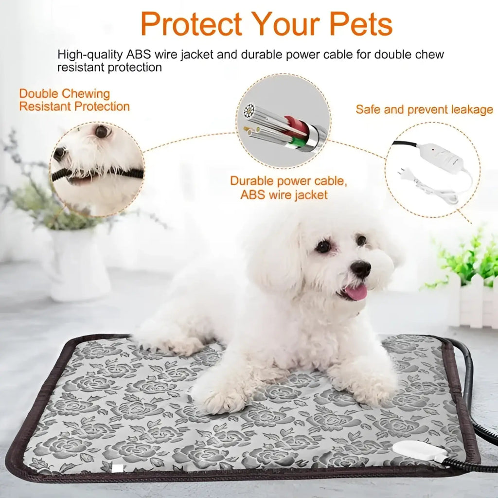 Gray floral-patterned waterproof electric pet heating pad with black border and attached power cable for warmth
