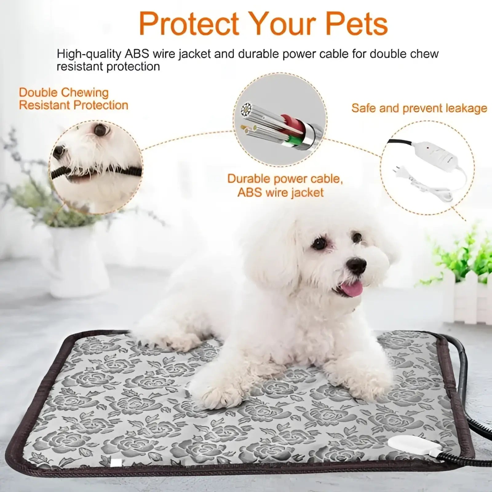 Gray floral-patterned waterproof electric pet heating pad with black border and attached power cable for warmth