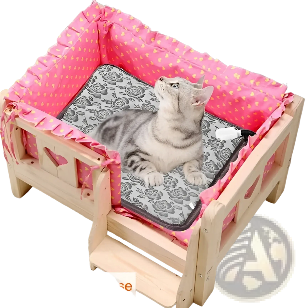 Pink polka-dot fabric-lined wooden cat bed with a gray floral waterproof electric heating pad inside