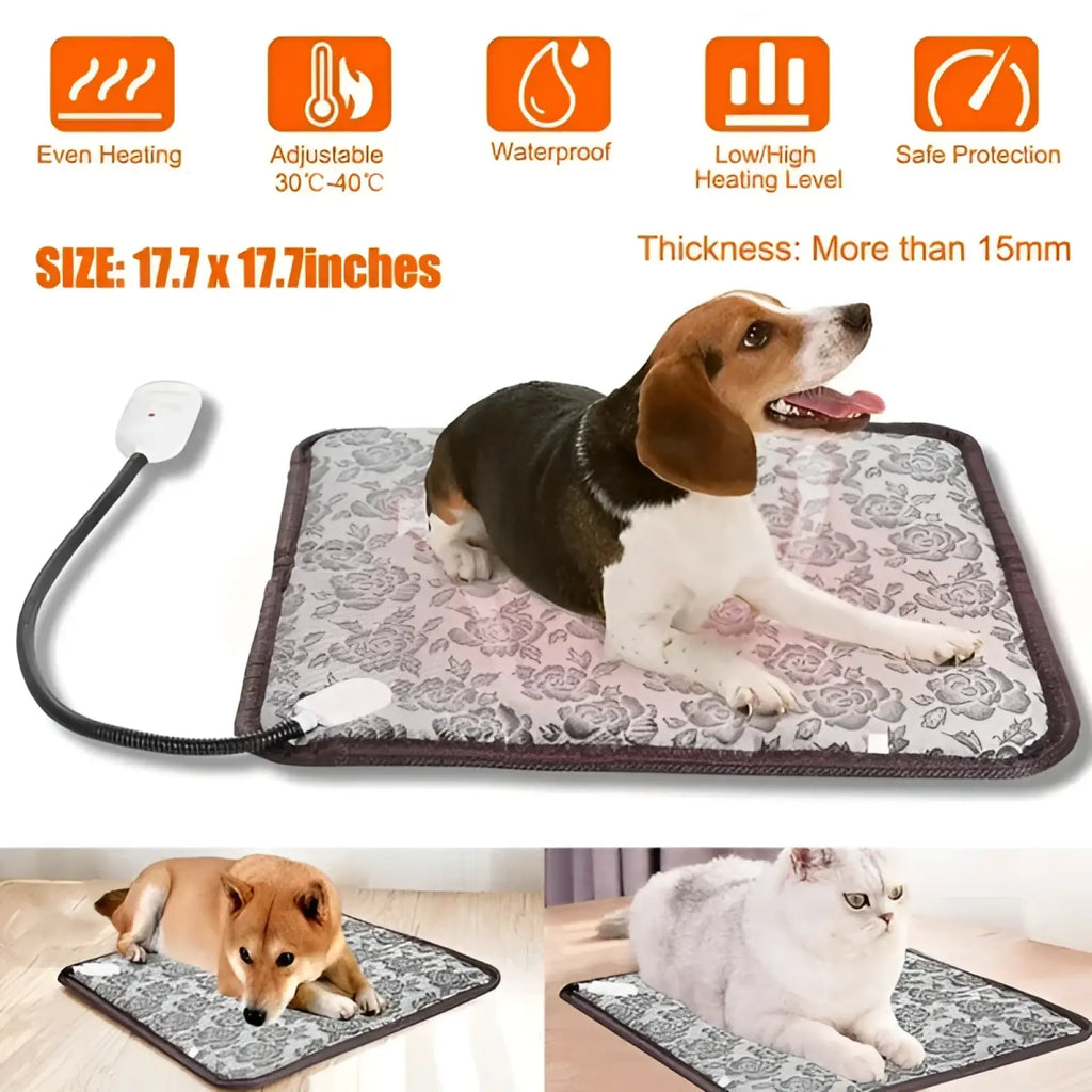 A rectangular gray waterproof floral-patterned electric heating pad for pets with a black border and power cord