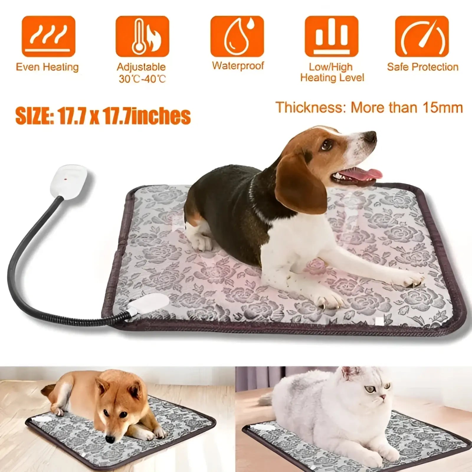 A rectangular gray waterproof floral-patterned electric heating pad for pets with a black border and power cord