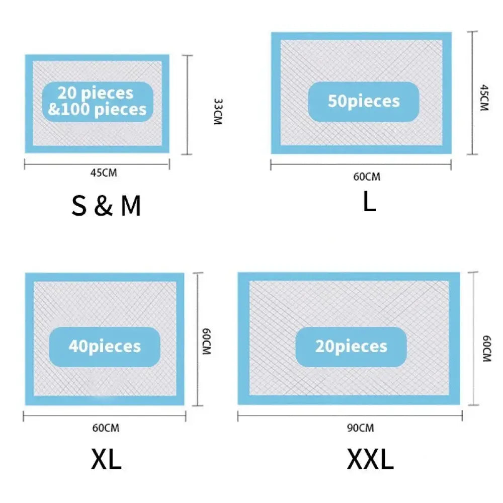 Blue-bordered rectangular super absorbent leak proof puppy training pads in four sizes for effective pet training