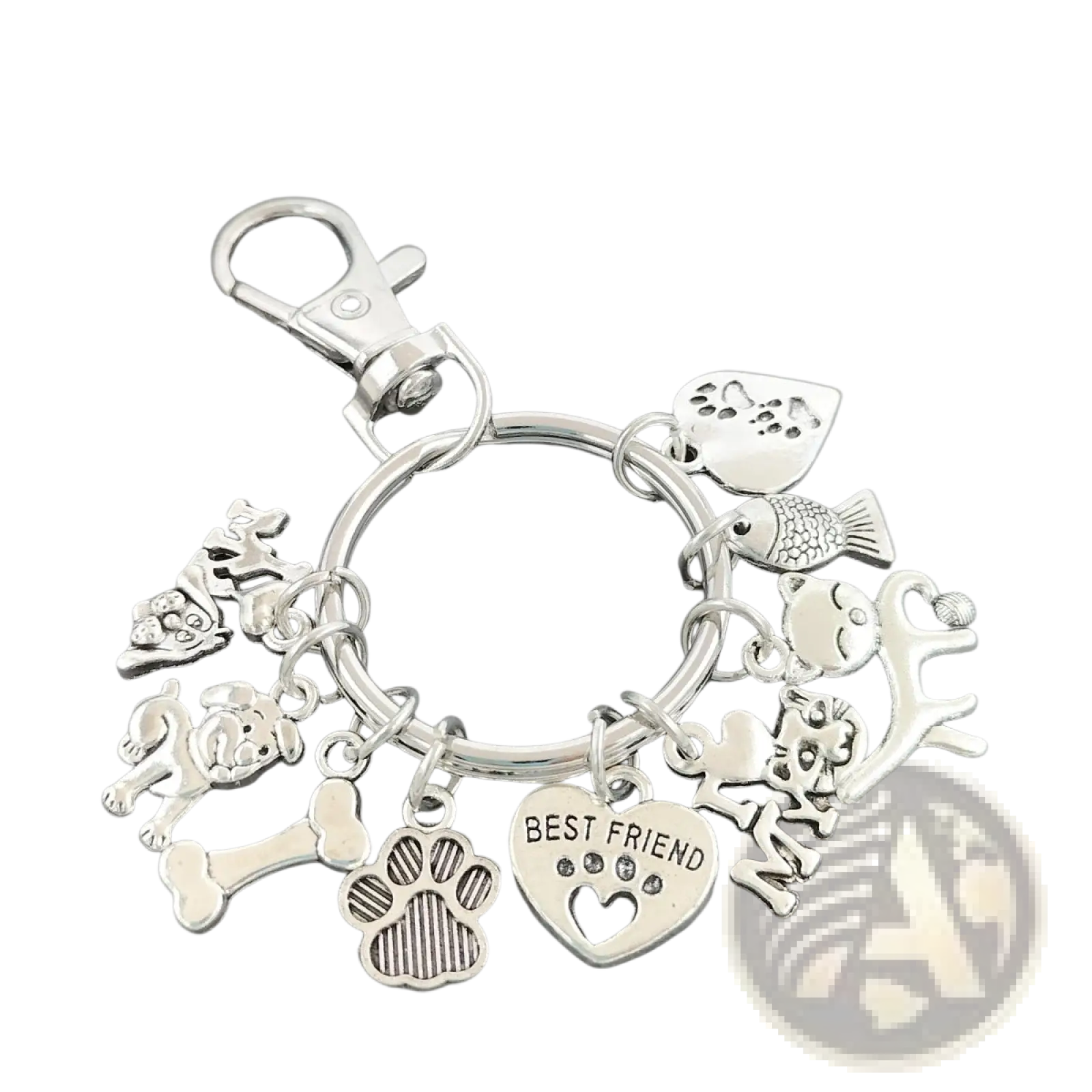 Silver pet lover charm keychain featuring dog fish bone paw print charms and a heart engraved with best friend