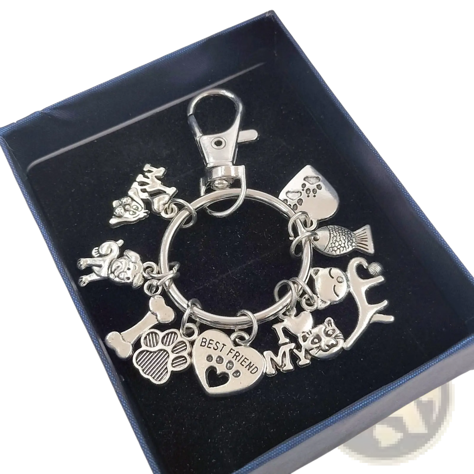 Silver pet lover charm keychain with multiple pet-themed charms and heart engraved best friend key ring