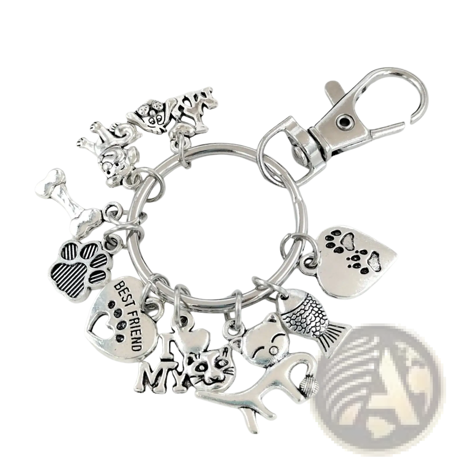 Silver-toned pet lover charm keychain with dangling cat dog paw bone and heart best friend charms