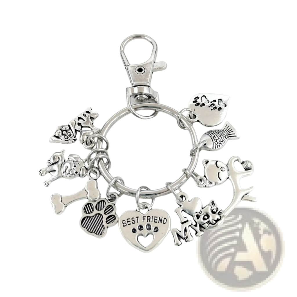 Silver-toned pet lover charm keychain with heart best friend pendant paw prints bones fish and animal figures