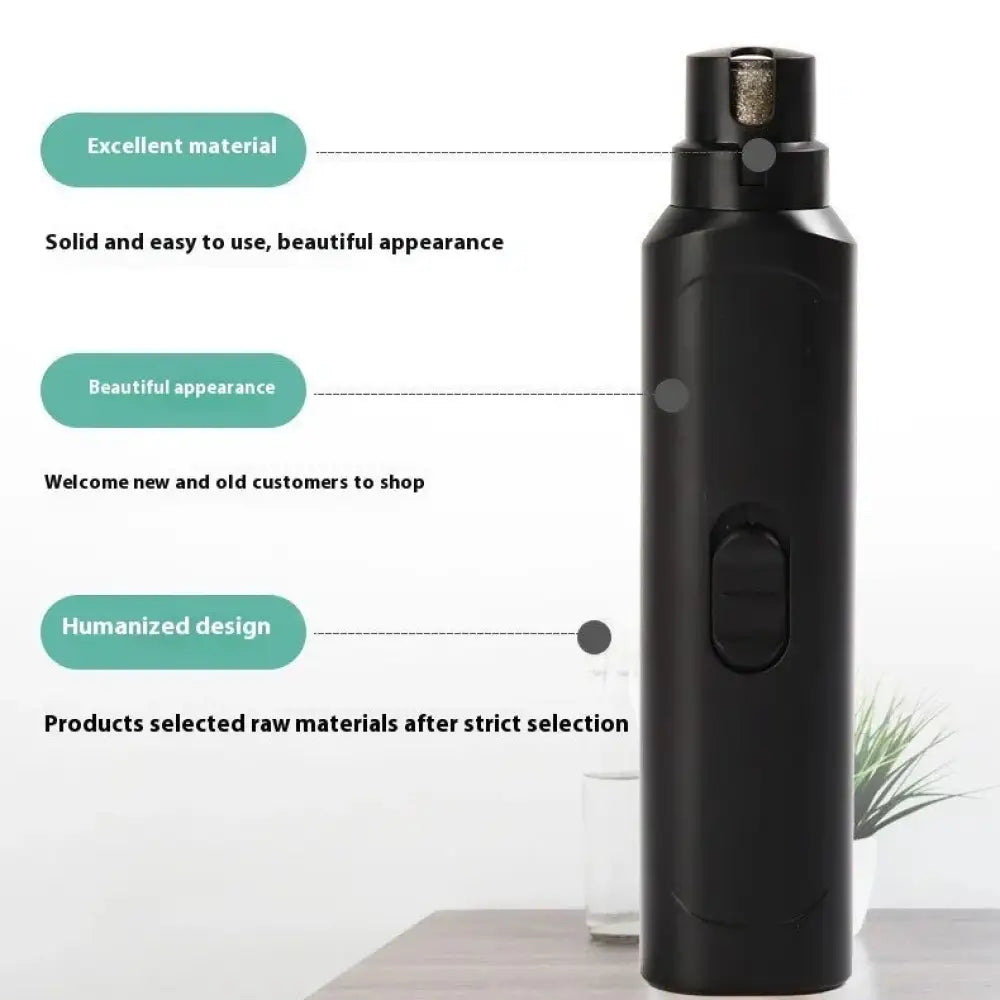Black professional electric quiet pet nail grinder and trimmer with sleek ergonomic design and metallic cutting head