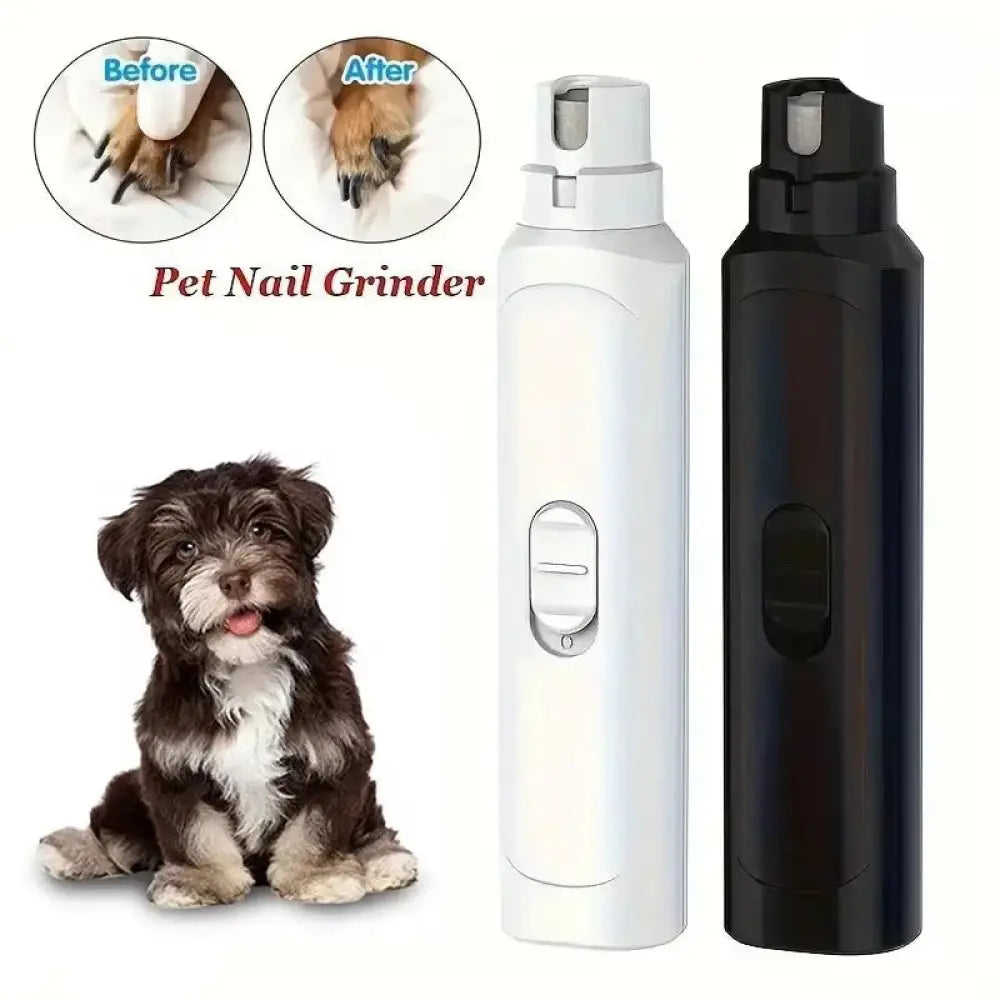White and black professional electric quiet pet nail grinders with ergonomic handles and button controls for trimming