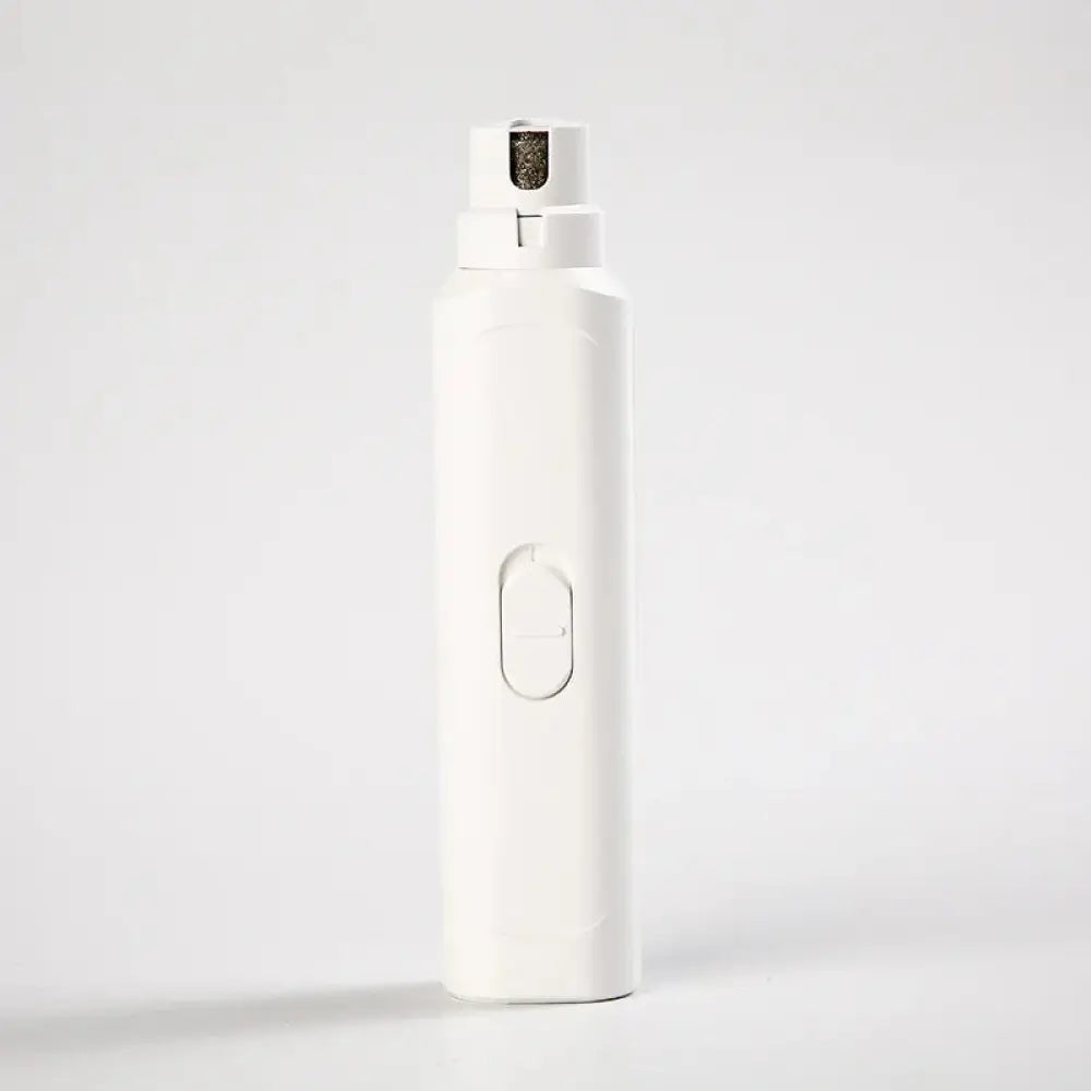 White plastic professional electric quiet pet nail grinder and trimmer with sleek rectangular body and oval power button
