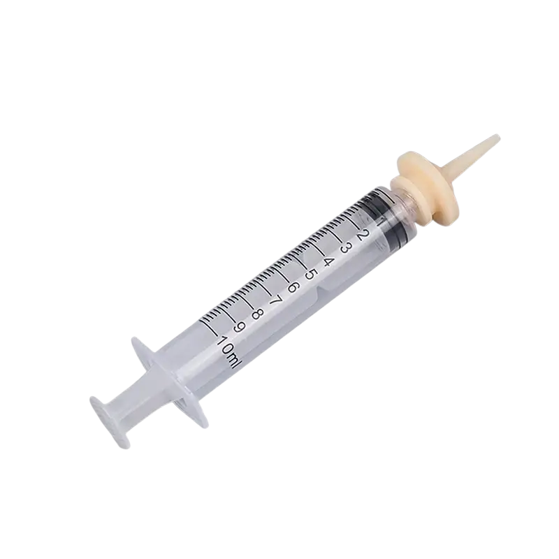 Clear plastic oral syringe with beige rubber plunger and tip marked for 10ml in pet oral syringe 1ml 3ml 5ml set
