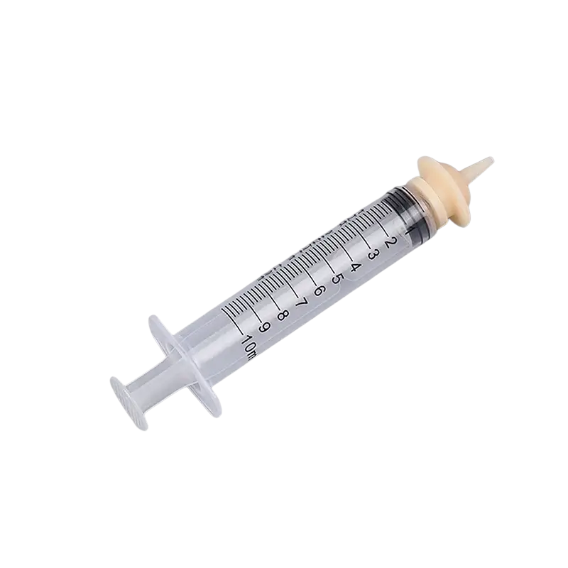 Clear plastic pet oral syringe with beige silicone nipple and measurement markings up to 10ml for 1ml 3ml 5ml use