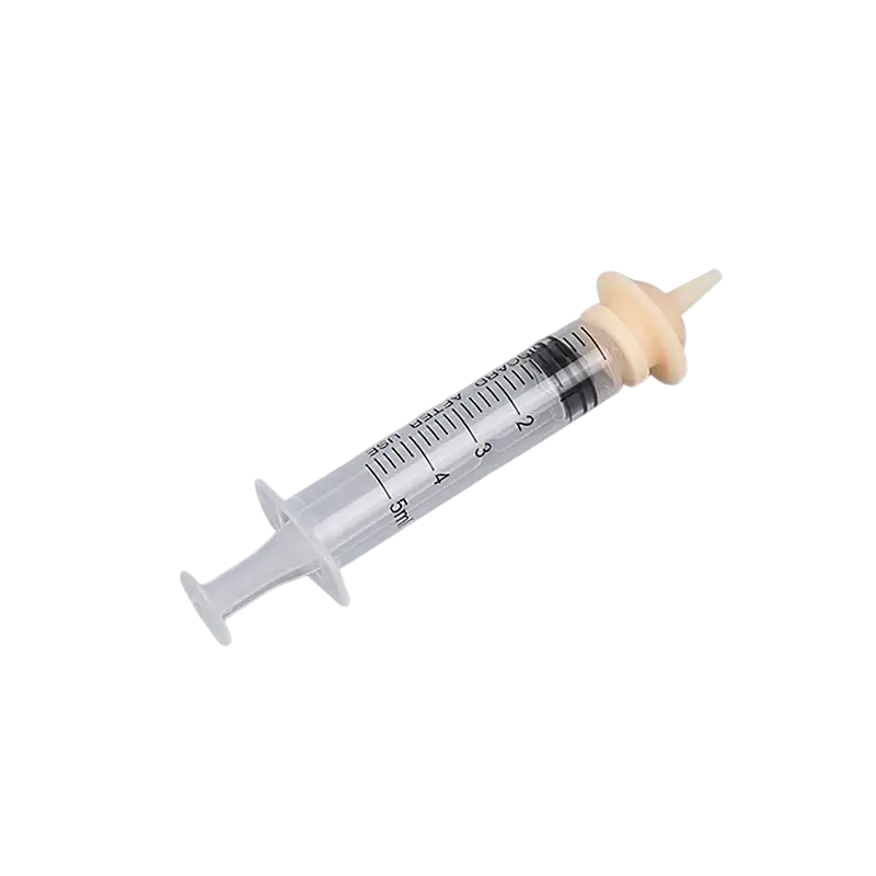 Clear plastic oral syringe with beige silicone tip and measurement markings available in 1ml 3ml 5ml sizes