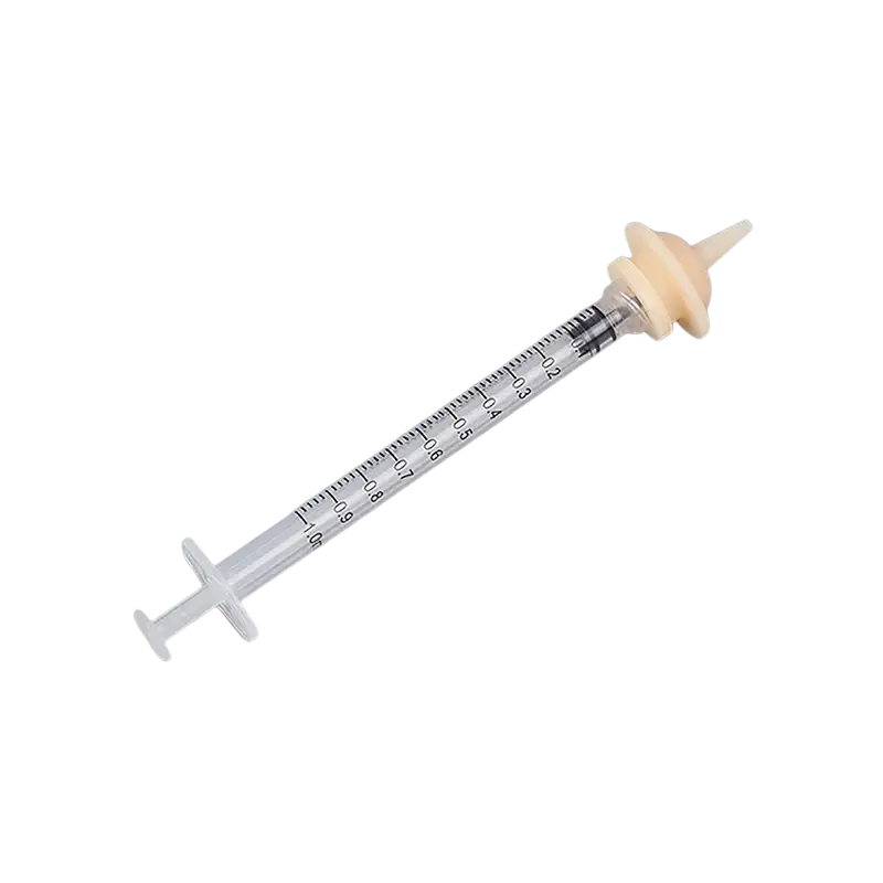 Clear plastic oral syringe with beige silicone tip and measurement markings in 1ml 3ml 5ml sizes for pet use
